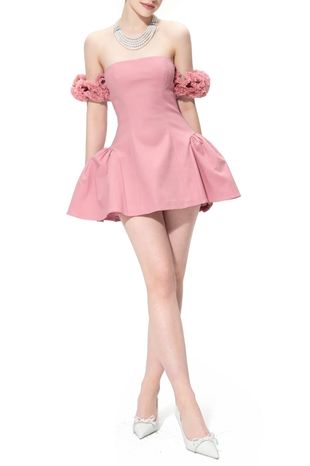 Sherry Flower Strapless Puffy Mini Dress in Pink Soraya