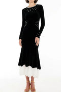 zona black Beaded irregular hem velvet fishtail maxi dress Avalabel