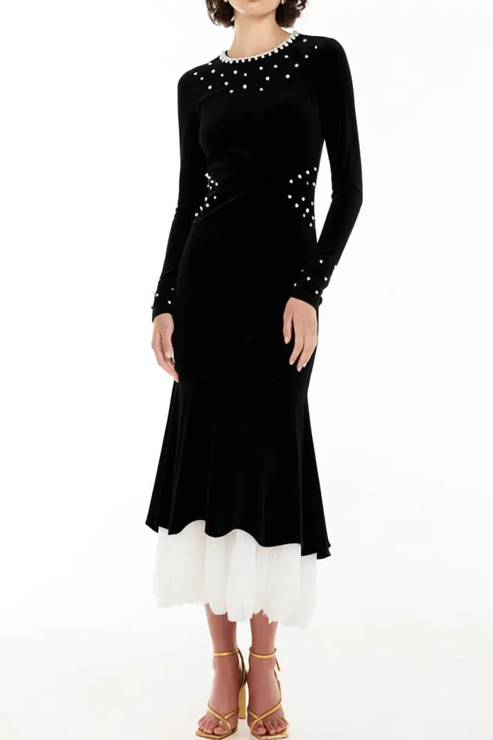 zona black Beaded irregular hem velvet fishtail maxi dress Avalabel