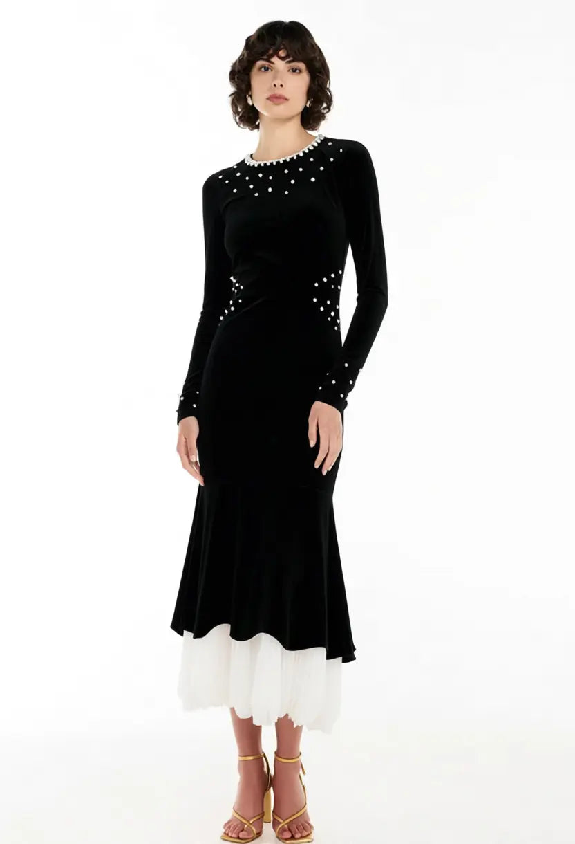 zona black Beaded irregular hem velvet fishtail maxi dress Avalabel