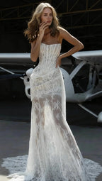 rita ivory sheer lace corset maxi dress with draped neckline Avalabel