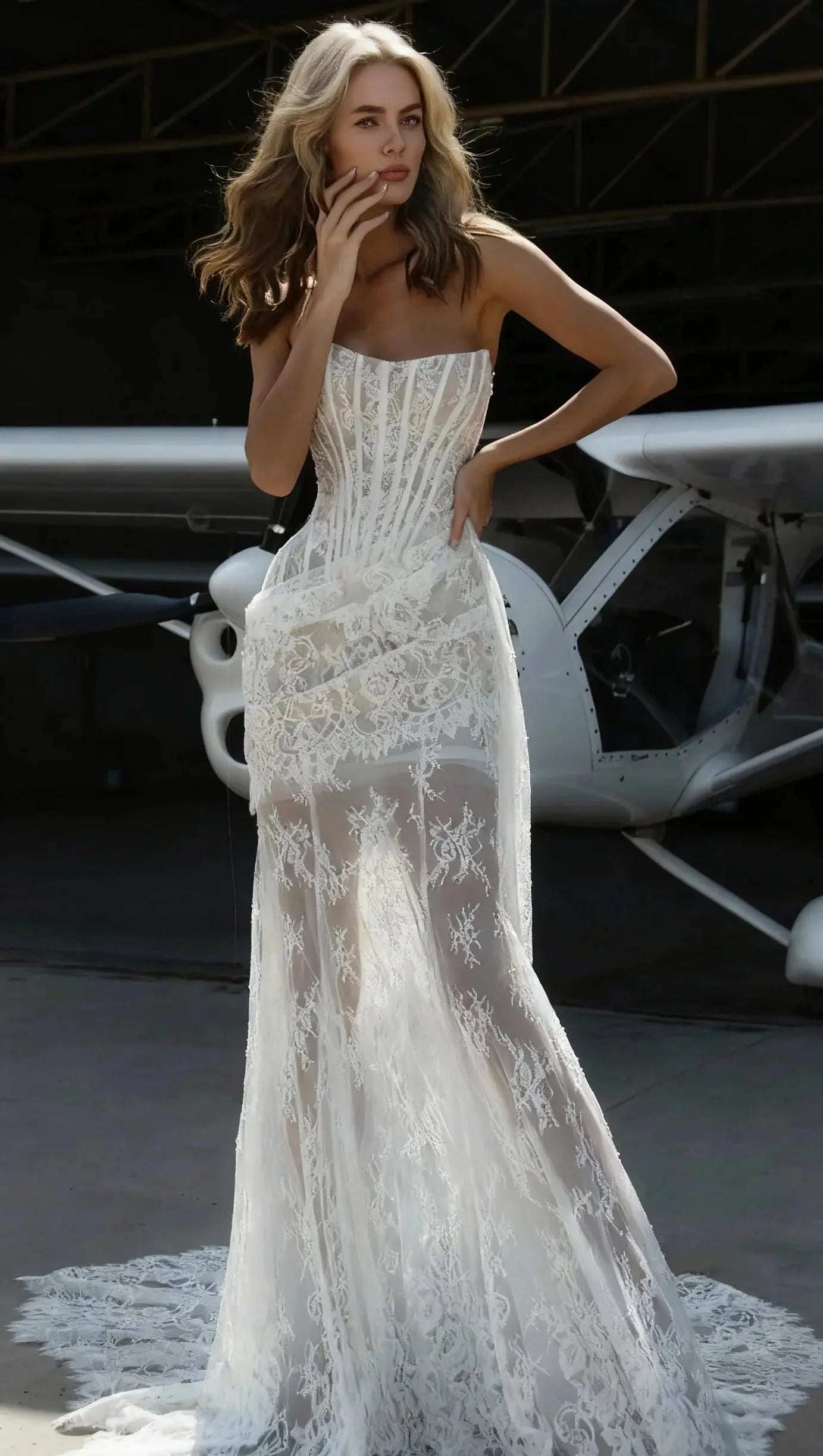 rita ivory sheer lace corset maxi dress with draped neckline Avalabel