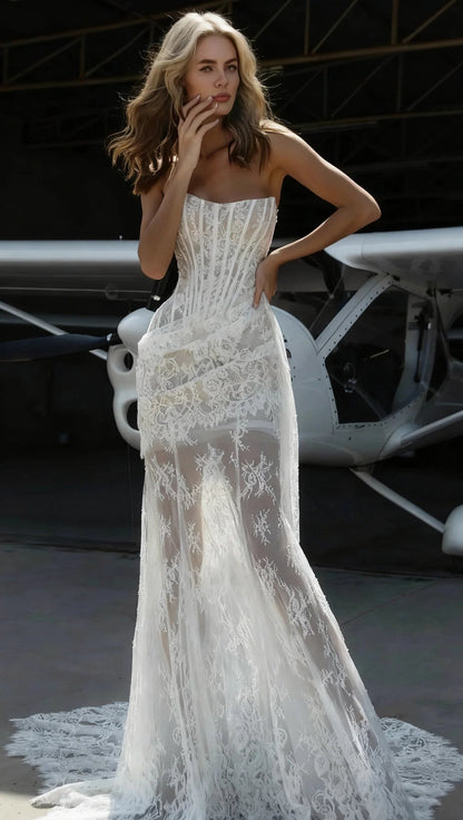 rita ivory sheer lace corset maxi dress with draped neckline