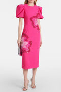 Sequin Flower Embellished Puff Sleeve Midi Dress in Pink Avalabel
