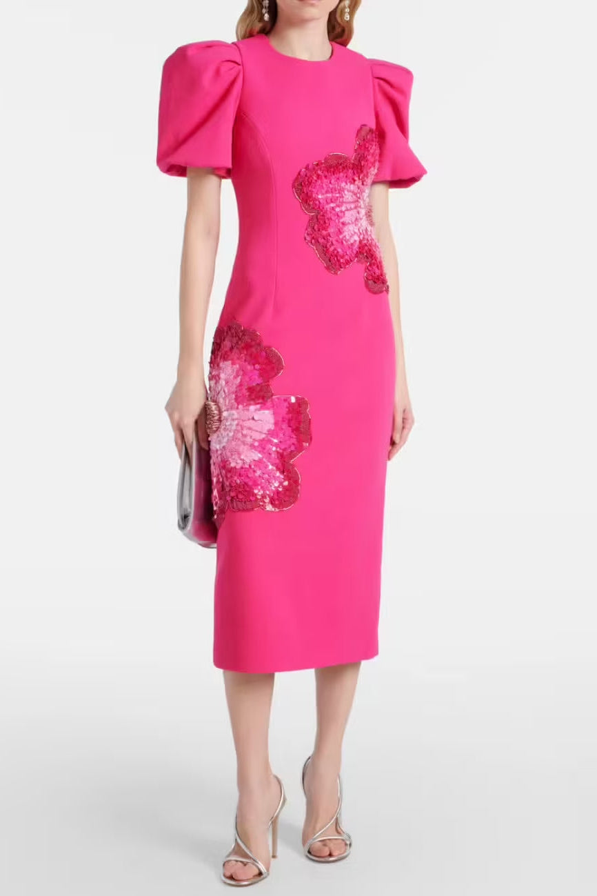 Sequin Flower Embellished Puff Sleeve Midi Dress in Pink Avalabel