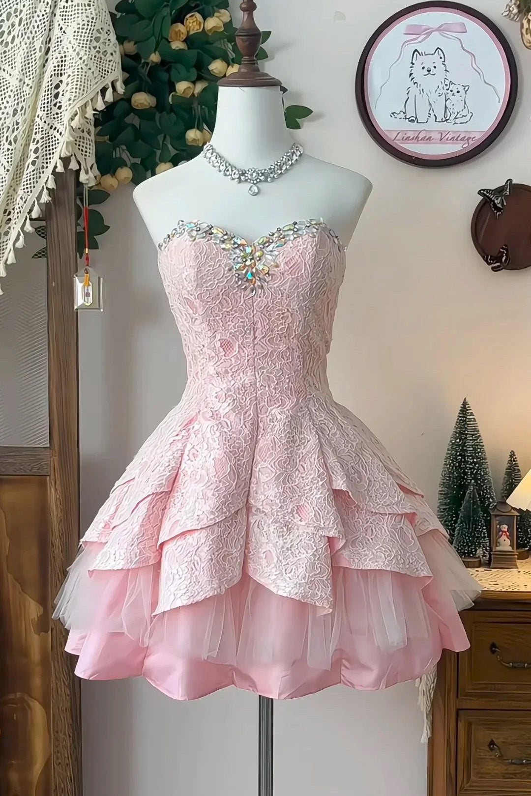 Pink Strapless Mini Tiered Dress Avalabel