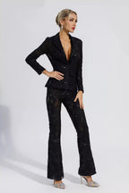 vicky Black Cutout floral embroidered Sequin Blazer Set Avalabel