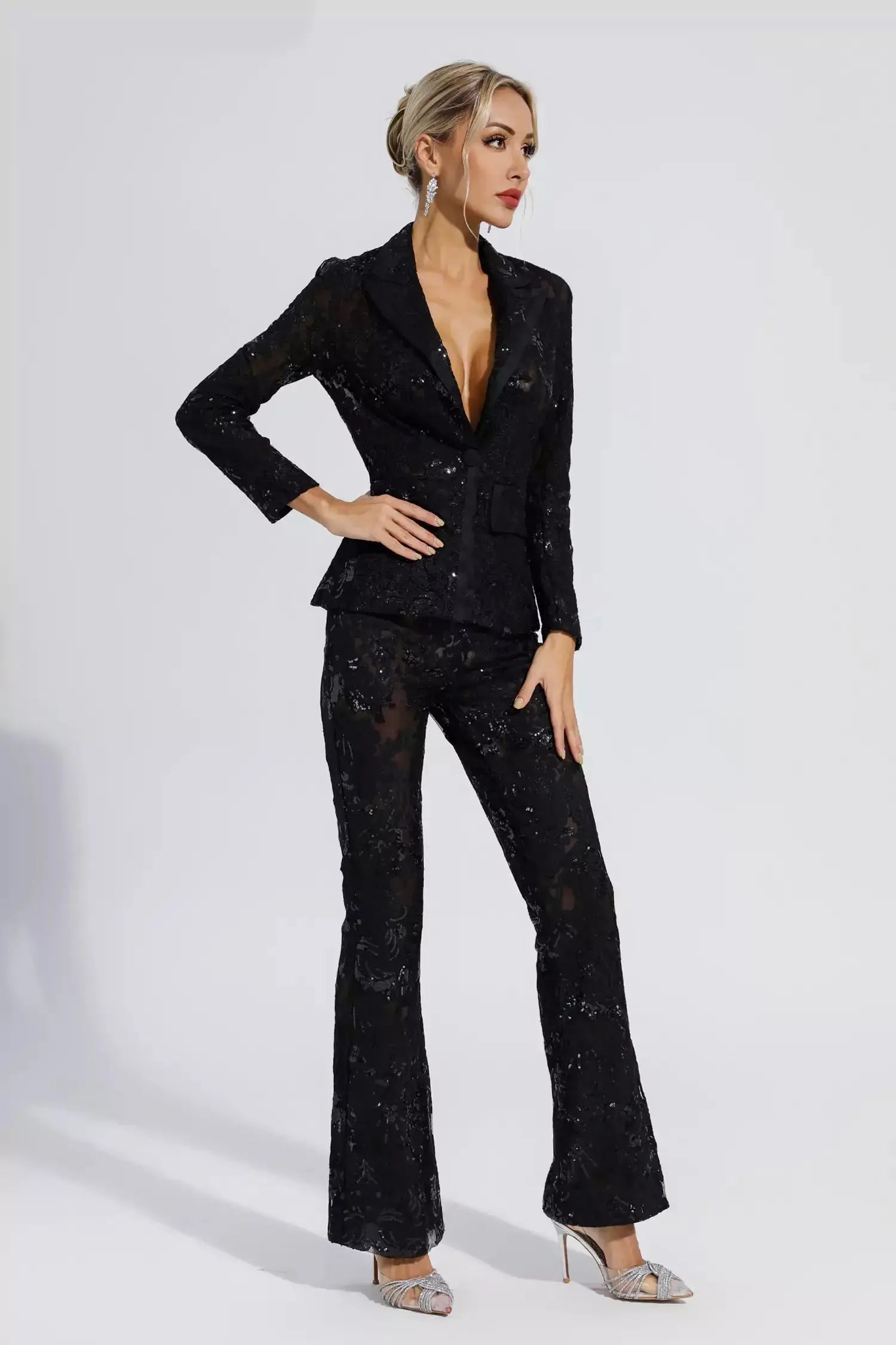 vicky Black Cutout floral embroidered Sequin Blazer Set Avalabel