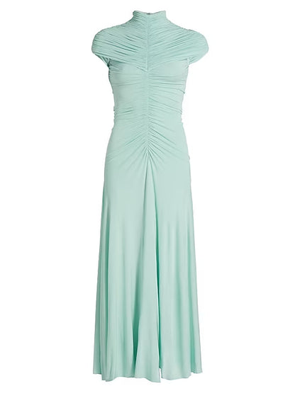 Lillian Gathered High-Neck Maxi Dress in Green