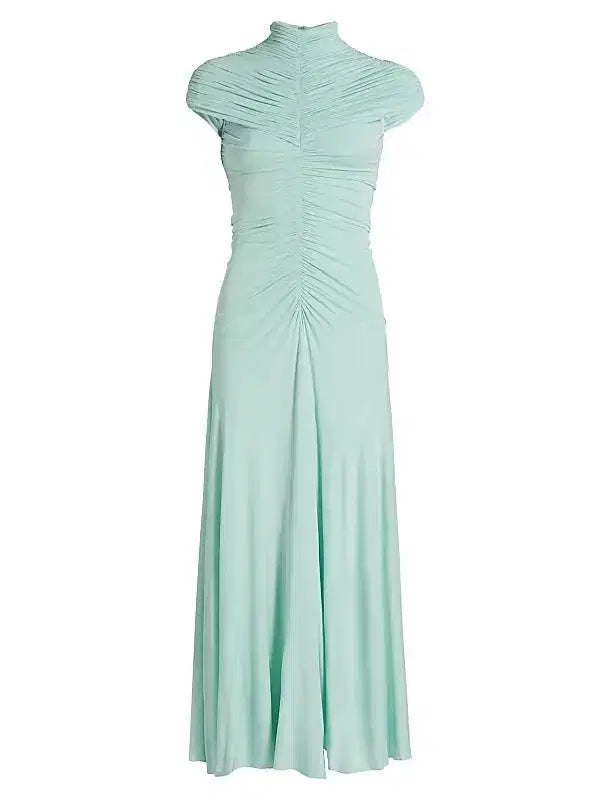 Lillian Gathered High-Neck Maxi Dress in Green Avalabel
