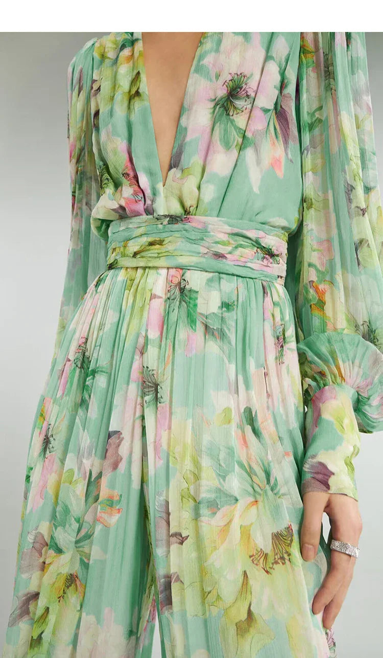V Neck Floral Print Chiffon Maxi Dress in Green Avalabel
