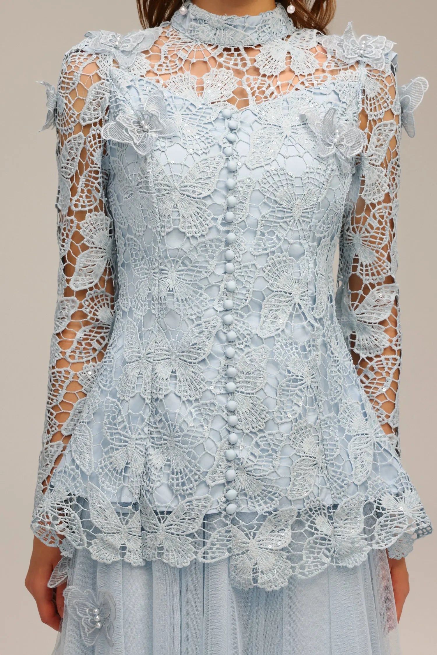yvette blue Long Sleeve Folds Lace Butterfly Top And Skirt Two-Piece Set Avalabel