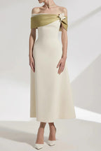 A-line Open Shoulder Cotton Crepe Midi Dress in Beige Avalabel
