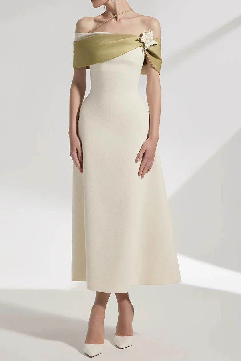 A-line Open Shoulder Cotton Crepe Midi Dress in Beige Avalabel
