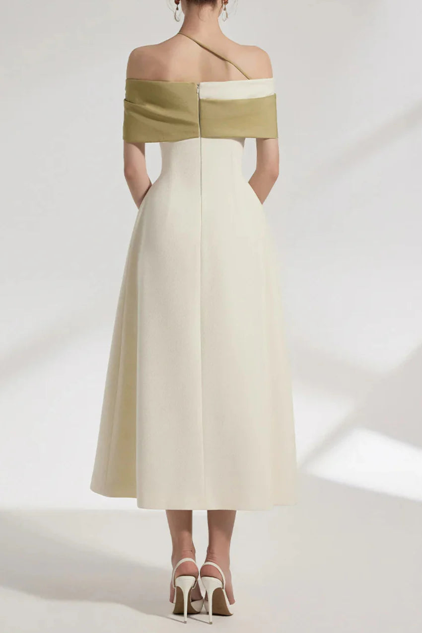 A-line Open Shoulder Cotton Crepe Midi Dress in Beige Avalabel