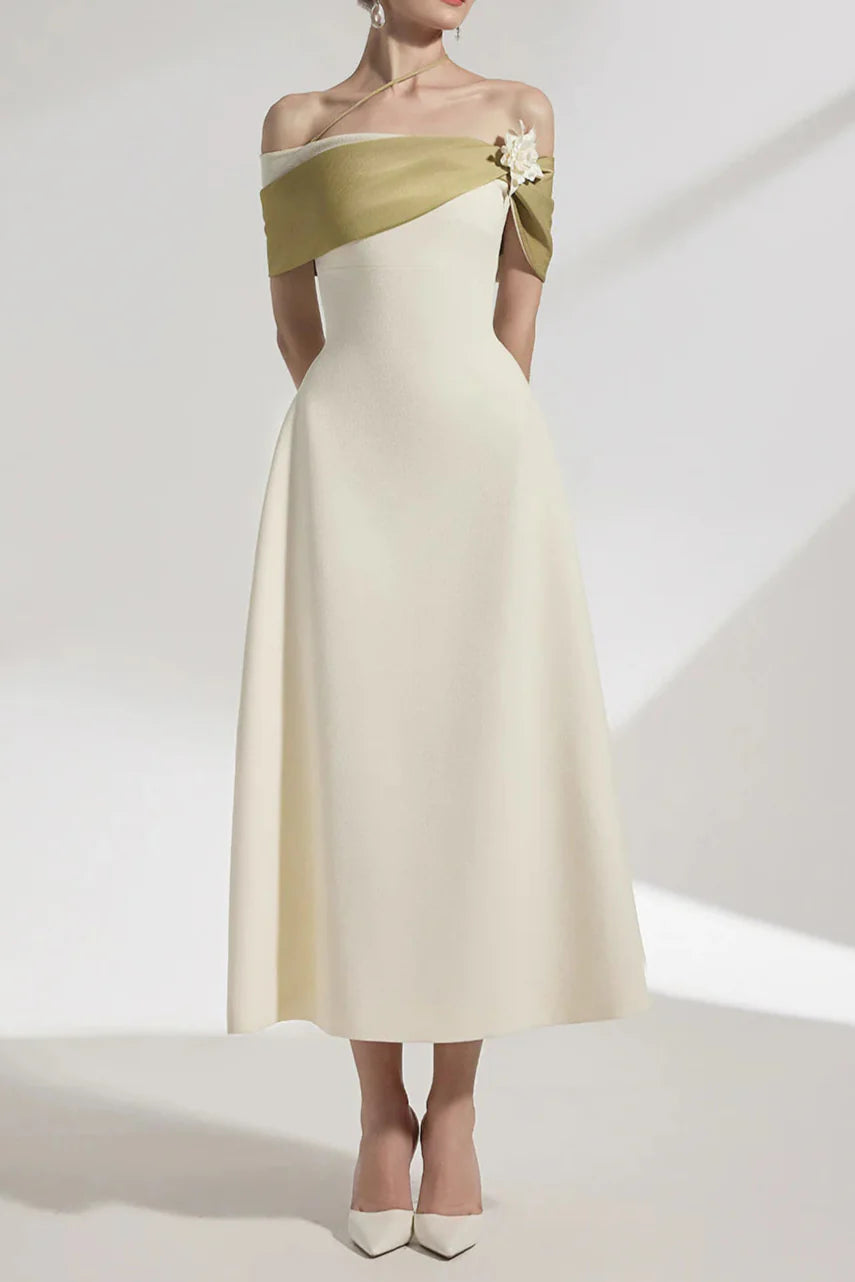 A-line Open Shoulder Cotton Crepe Midi Dress in Beige Avalabel