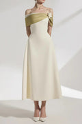 A-line Open Shoulder Cotton Crepe Midi Dress in Beige Avalabel