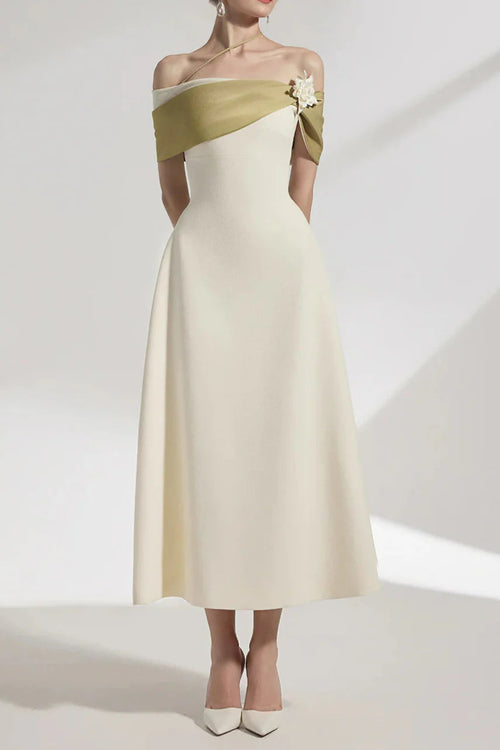A-line Open Shoulder Cotton Crepe Midi Dress in Beige Avalabel