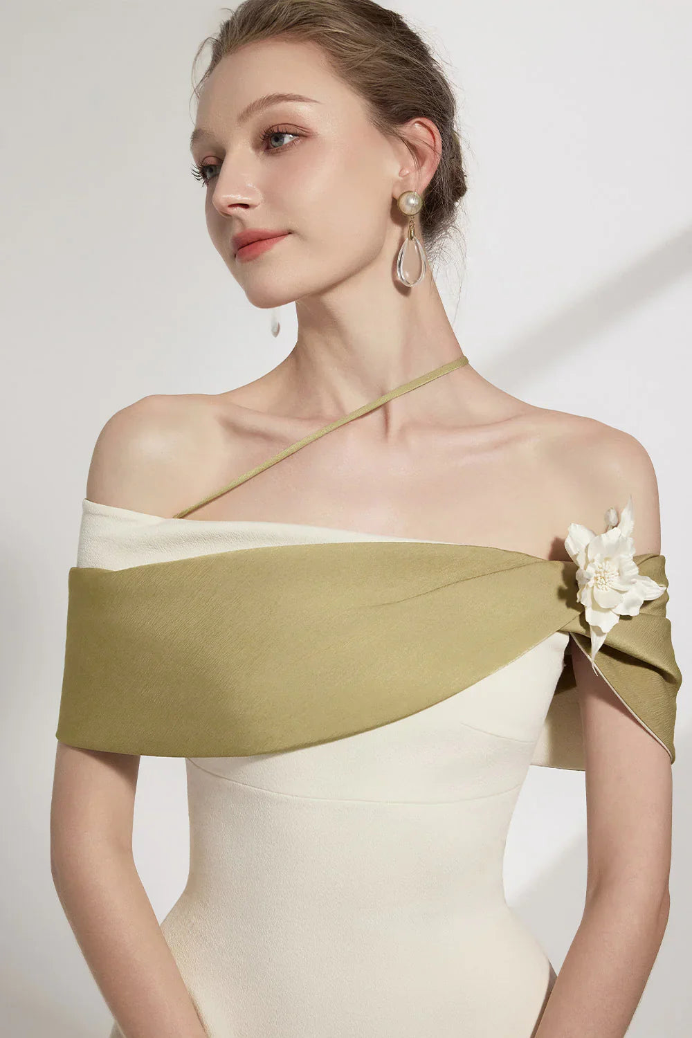 A-line Open Shoulder Cotton Crepe Midi Dress in Beige Avalabel