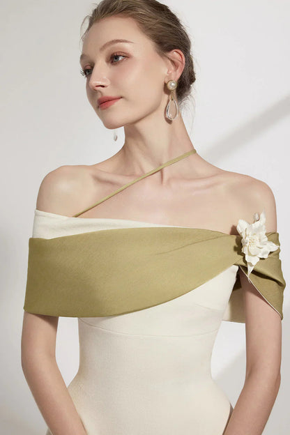 A-line Open Shoulder Cotton Crepe Midi Dress in Beige Avalabel