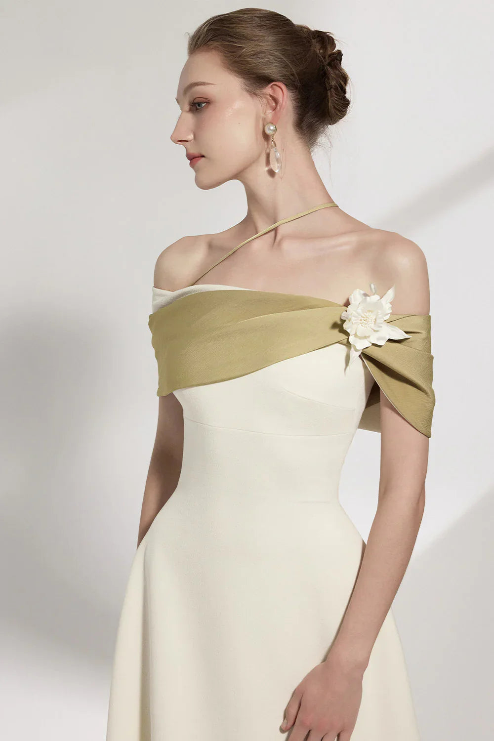 A-line Open Shoulder Cotton Crepe Midi Dress in Beige Avalabel