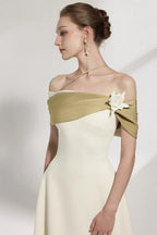 A-line Open Shoulder Cotton Crepe Midi Dress in Beige Avalabel