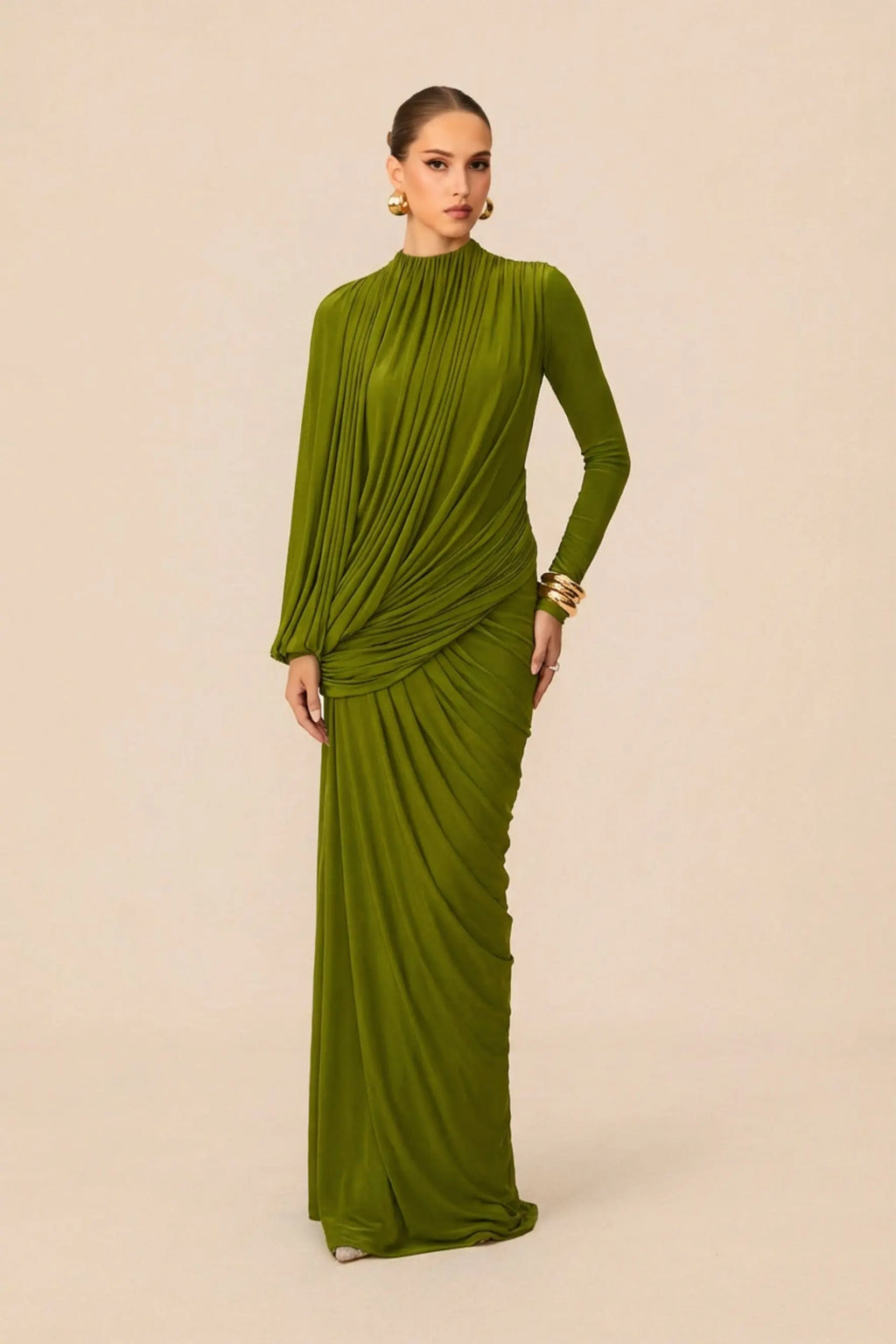 liz High Neck Asymmetric Drape ruched Maxi Dress in green Avalabel