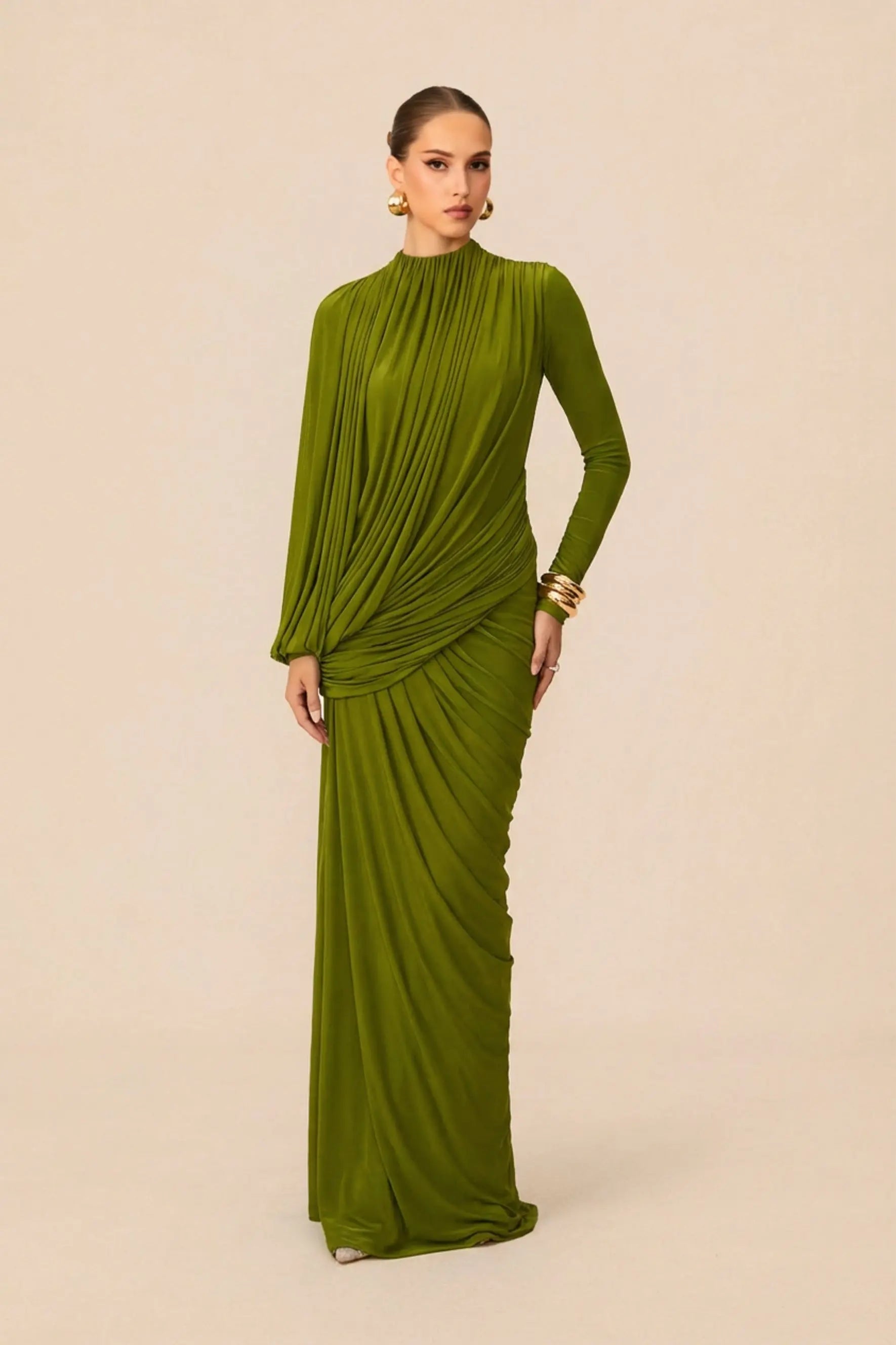 liz High Neck Asymmetric Drape ruched Maxi Dress in green Avalabel