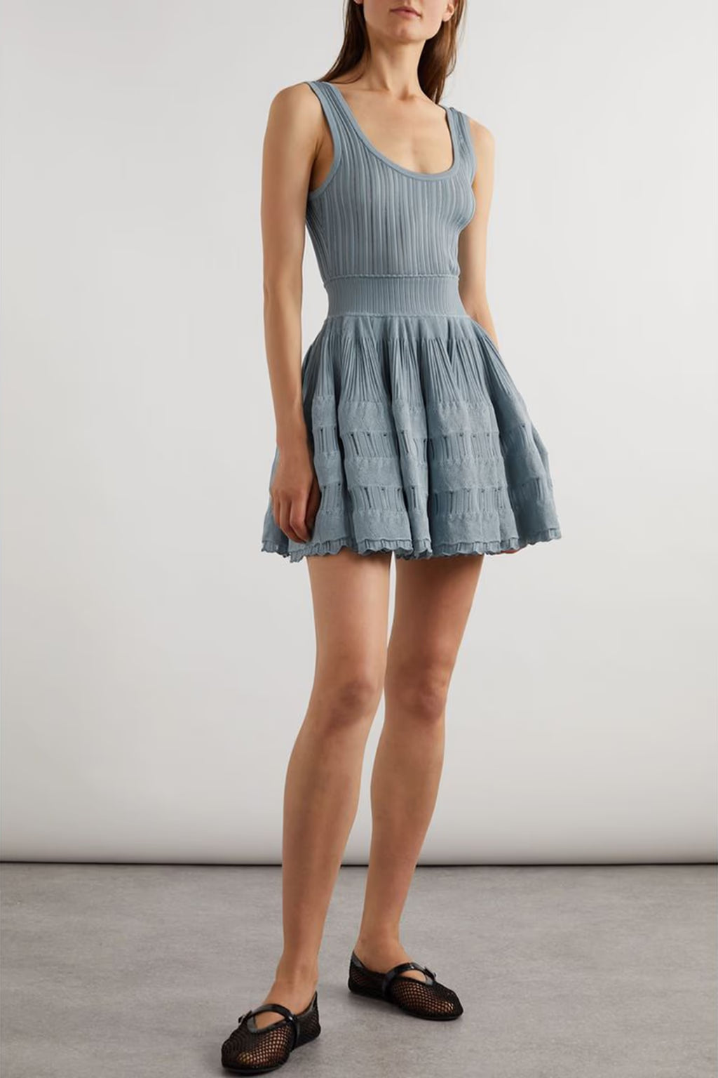 Ribbed Pointelle Knit Mini Dress in Blue Avalabel