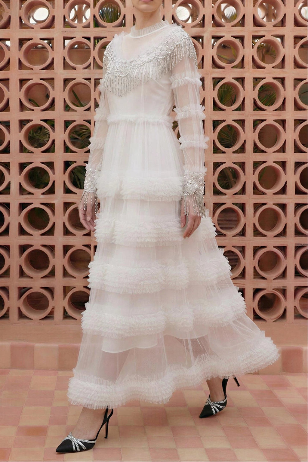 Kimberley White Beaded Frill Round Neck Midi Dress Avalabel