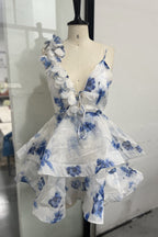 Helen 3D Flower Chiffon Ruffle Mini Dress in Blue Avalabel