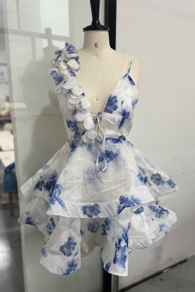 Helen 3D Flower Chiffon Ruffle Mini Dress in Blue Avalabel