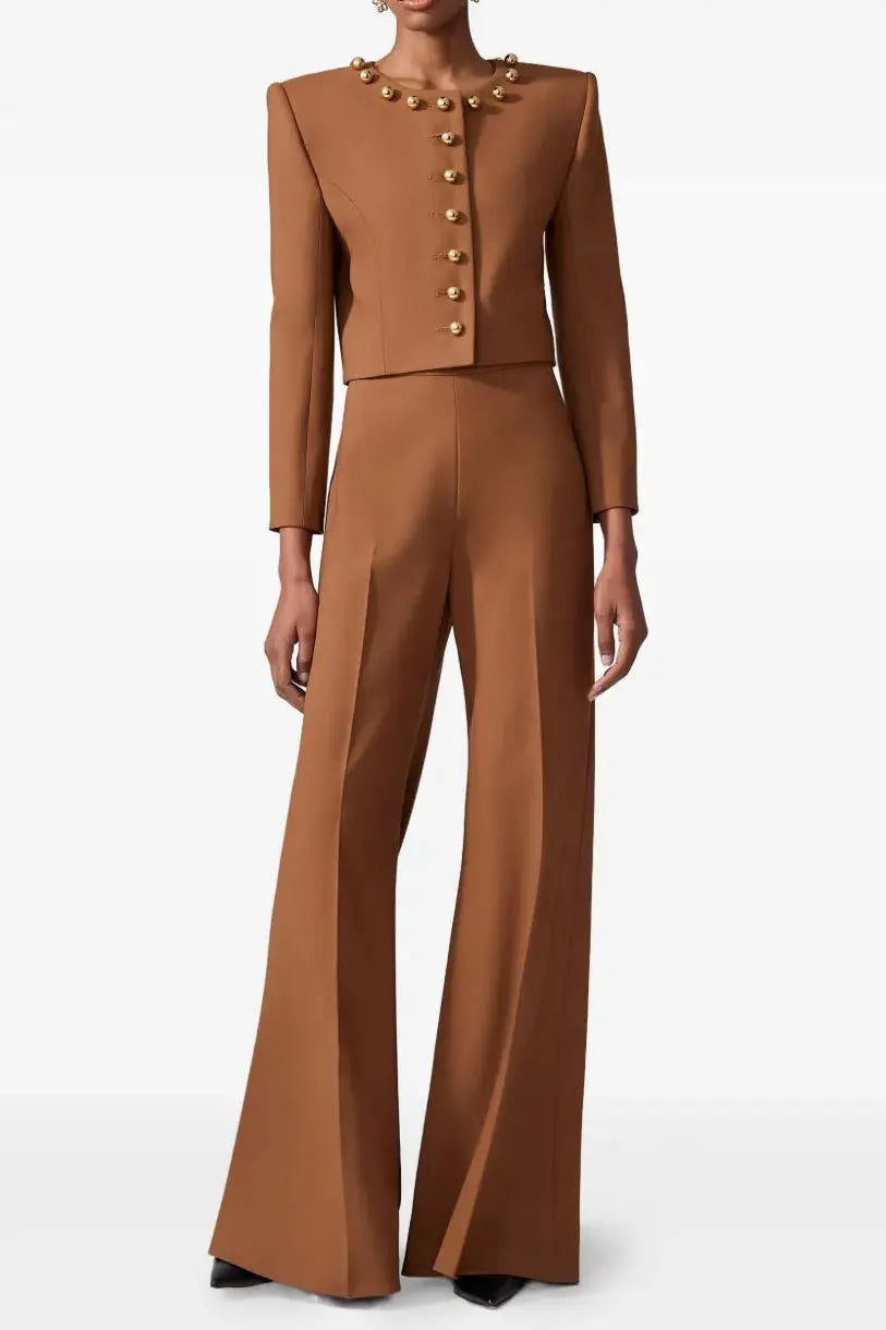 miranda pale brown button-decorated short jacket two-piece set Avalabel