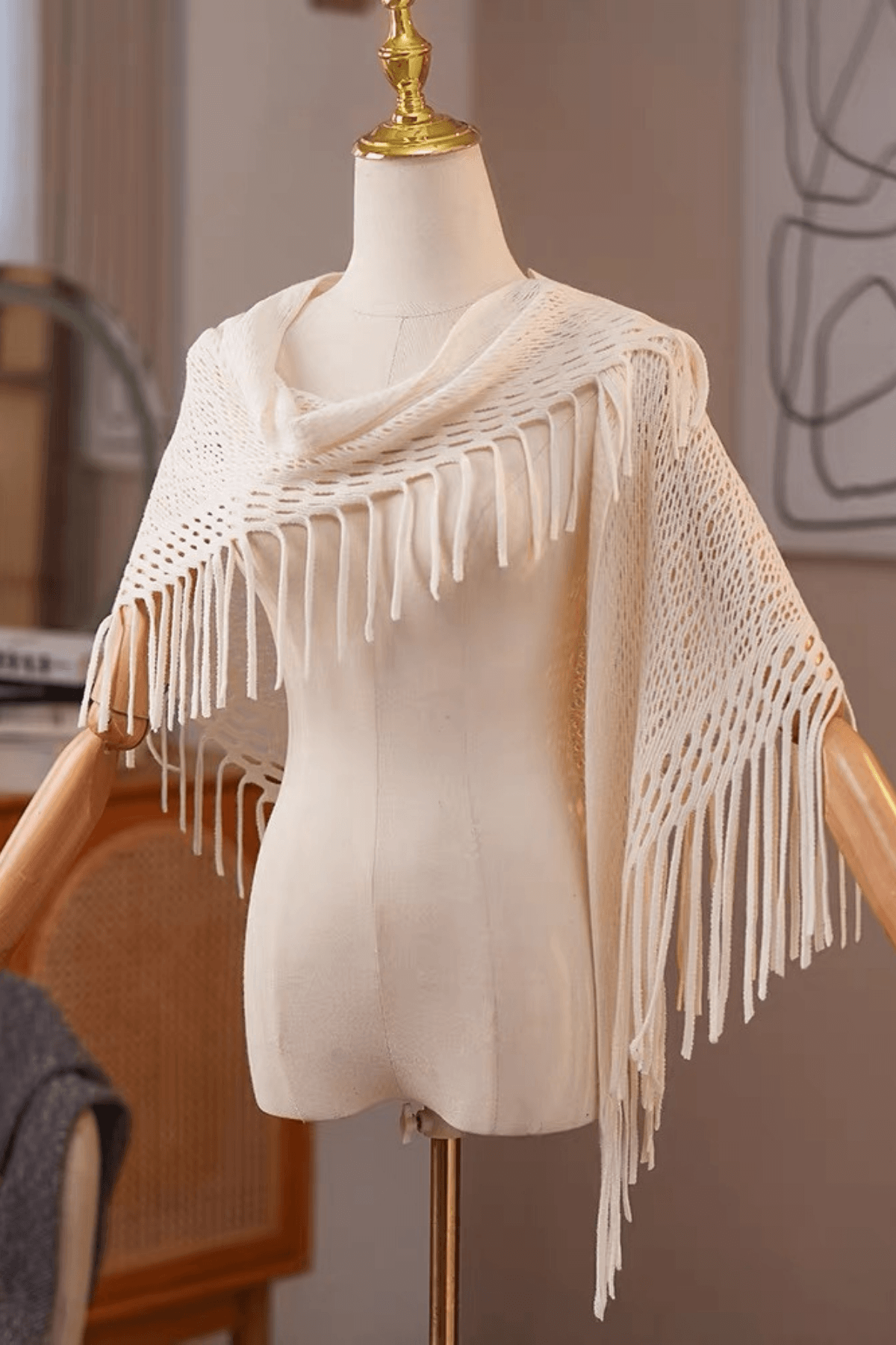 Cream Hollow Knitted Long Tassel Shawl Avalabel