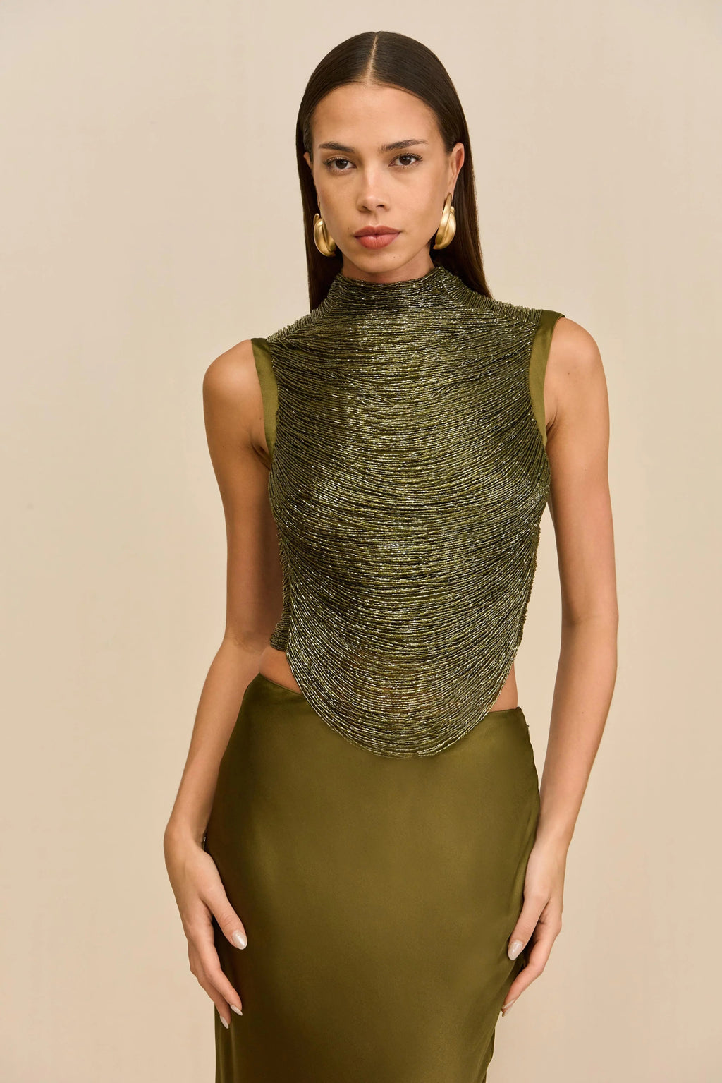 Sleeveless Turtleneck Tassel Paneled Top and Satin Skirt Set in green Avalabel