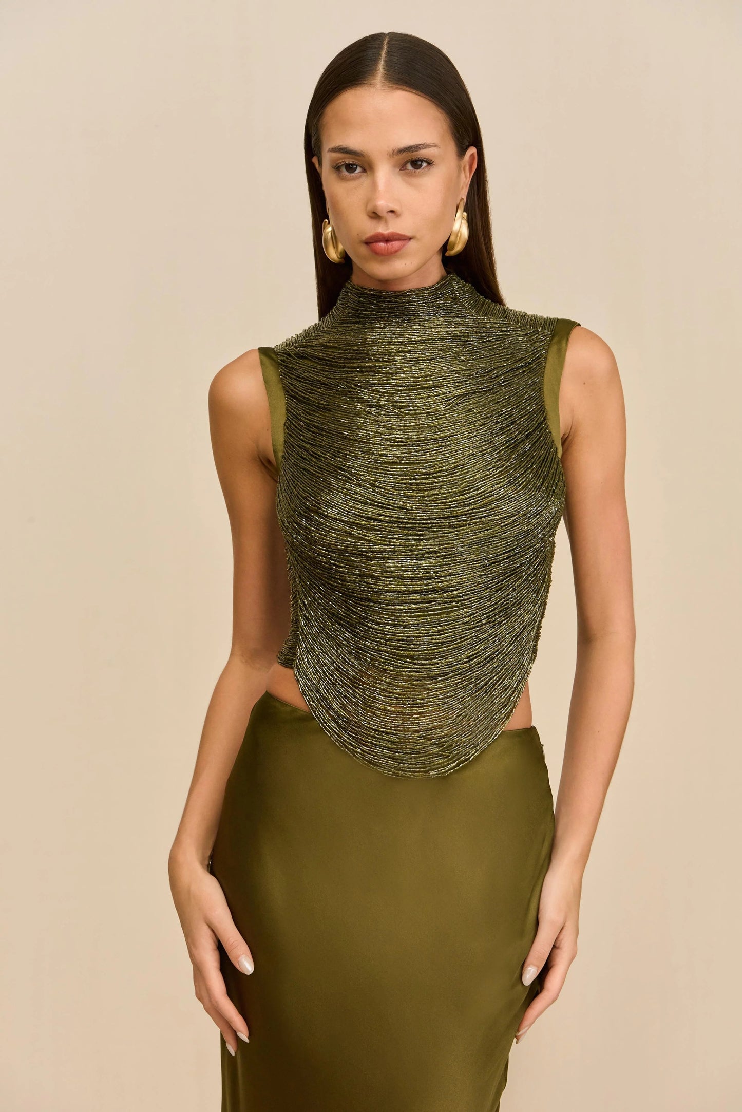 Sleeveless Turtleneck Tassel Paneled Top and Satin Skirt Set in green Avalabel