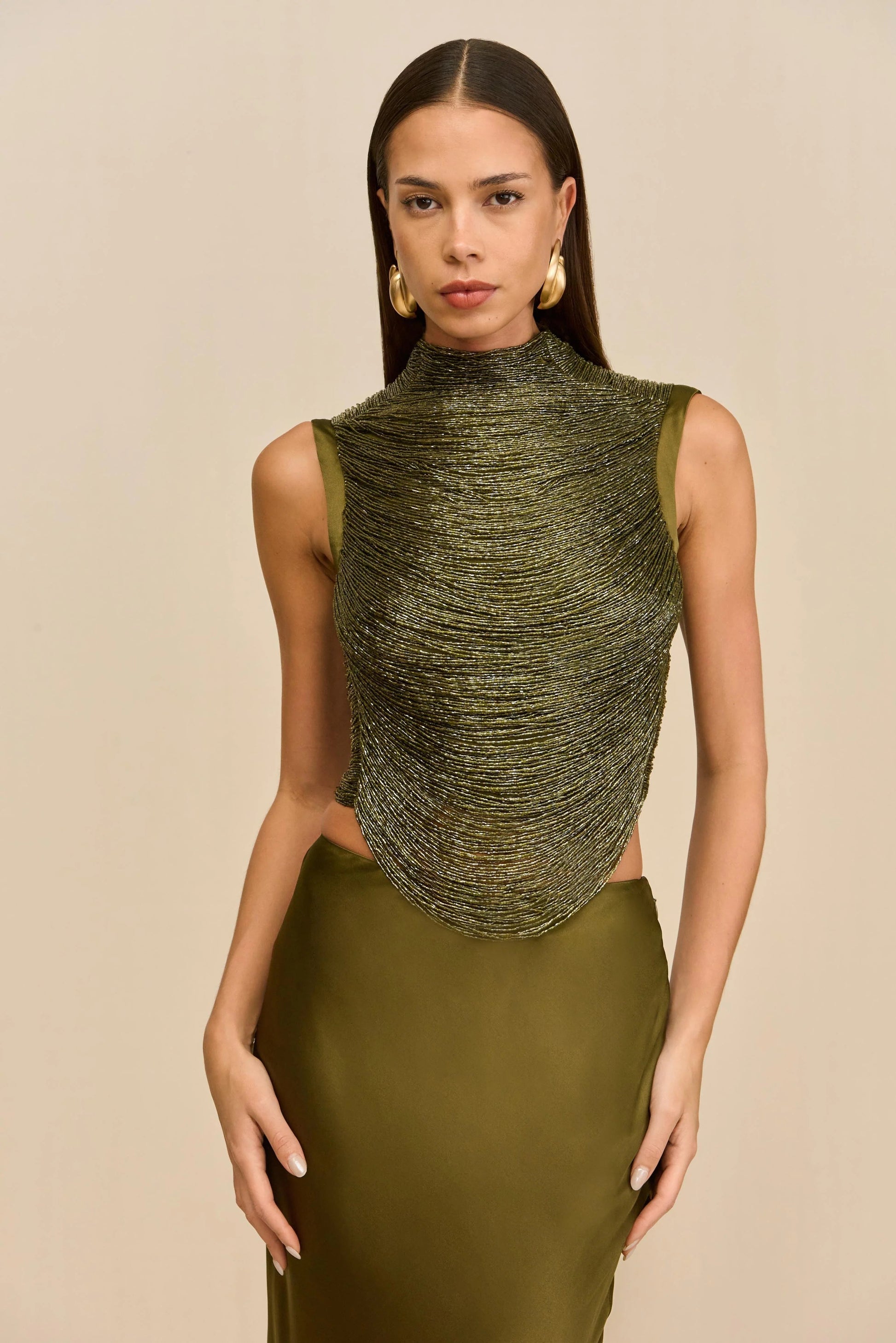 Sleeveless Turtleneck Tassel Paneled Top and Satin Skirt Set in green Avalabel
