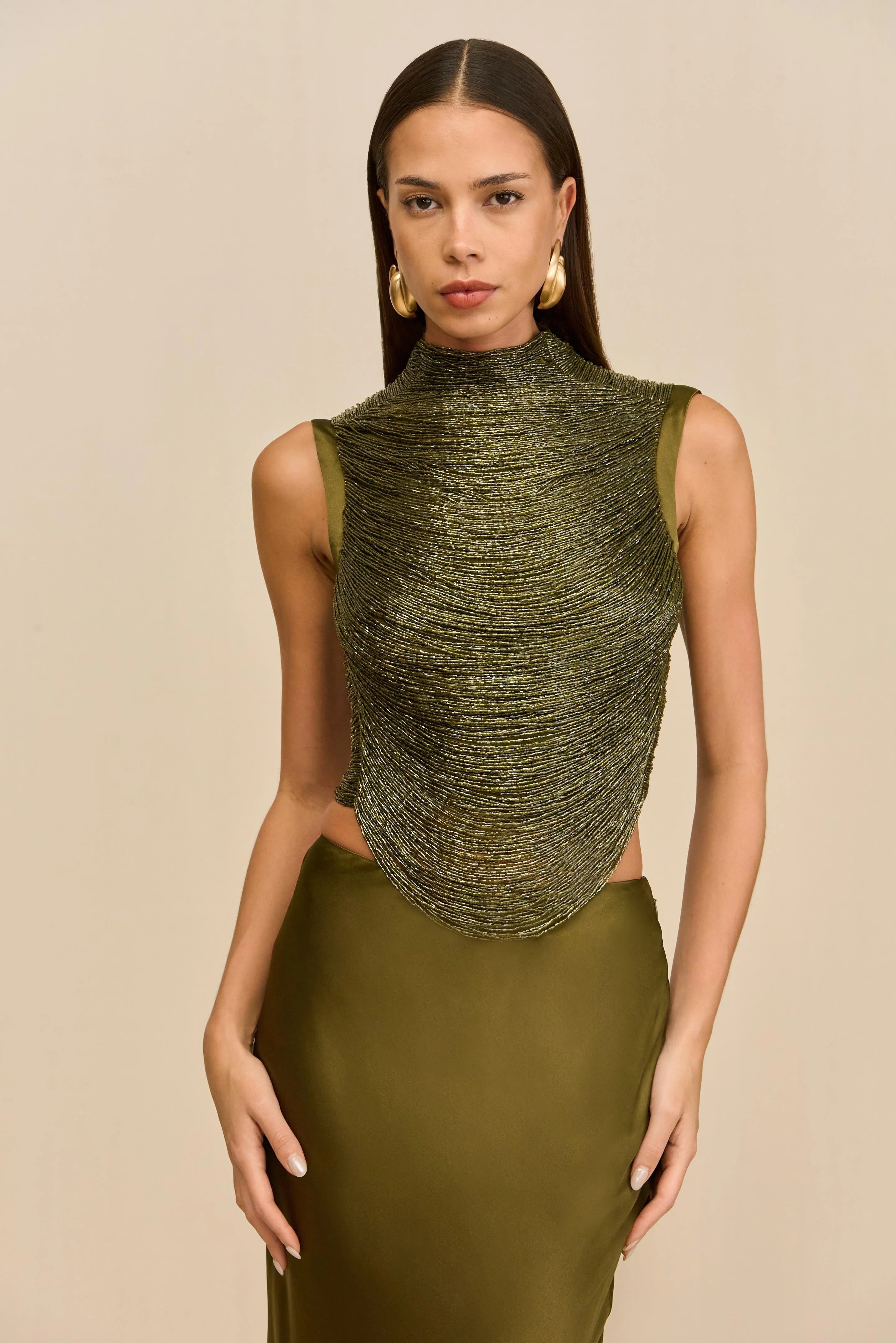 Sleeveless Turtleneck Tassel Paneled Top and Satin Skirt Set in green Avalabel