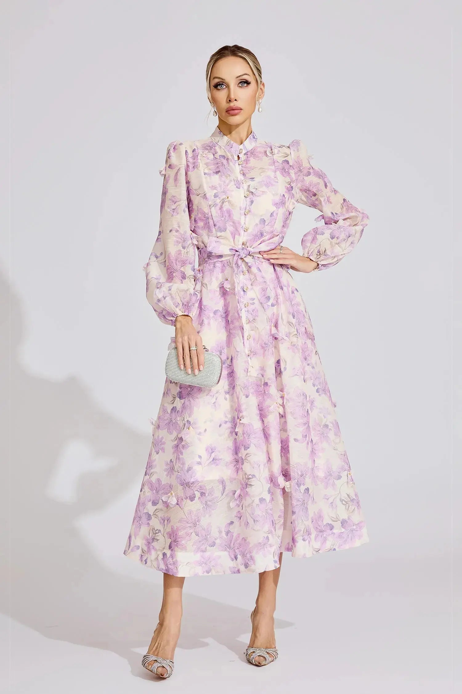 simona Floral print lantern sleeve Maxi Dress in purple Avalabel