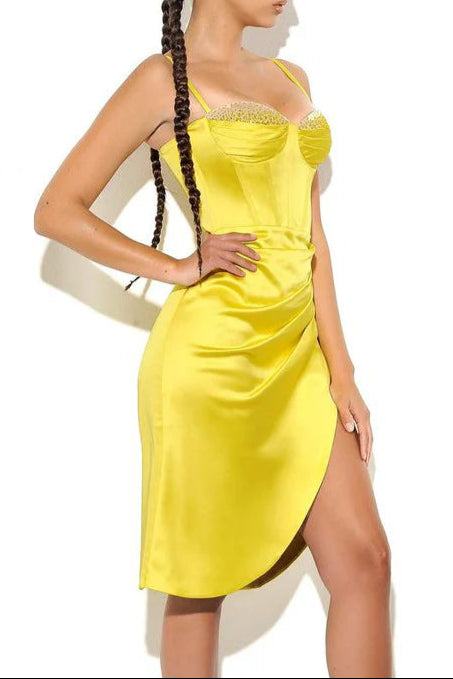 Lemon Yellow Pleated Satin Mini Dress Avalabel