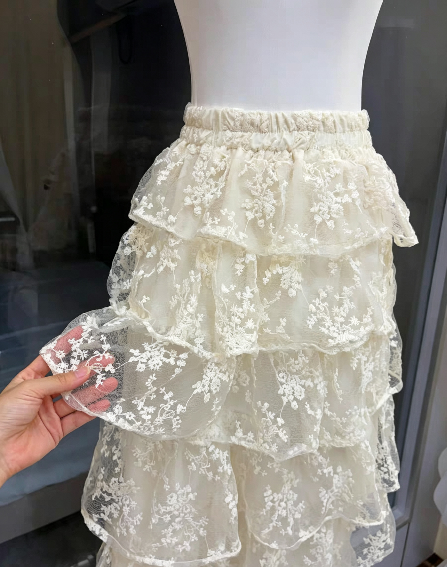Ivory Wide Strap Lace Corset Peplum Top & Tiered High Low Lace Skirt Set Avalabel