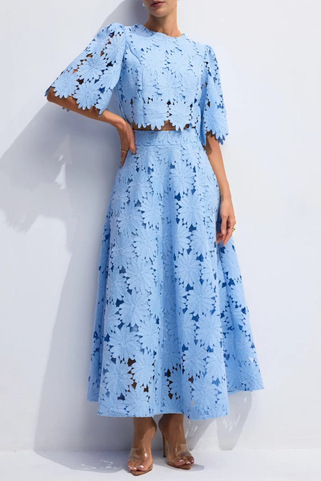 Lace Embroidered Top & Maxi Skirt Two-Piece Set in Blue Avalabel