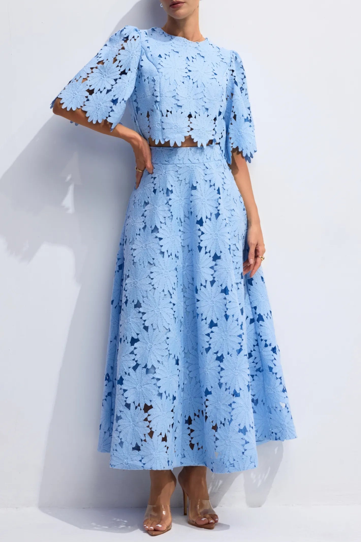 Lace Embroidered Top & Maxi Skirt Two-Piece Set in Blue Avalabel