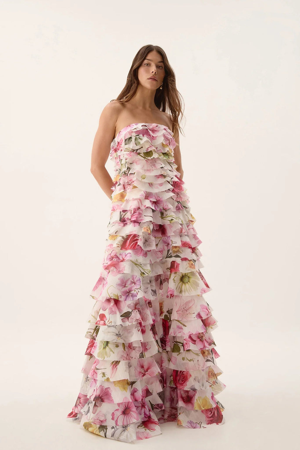 Cathy Floral Print Pleated Layer Strapless Maxi Dress in Pink Avalabel