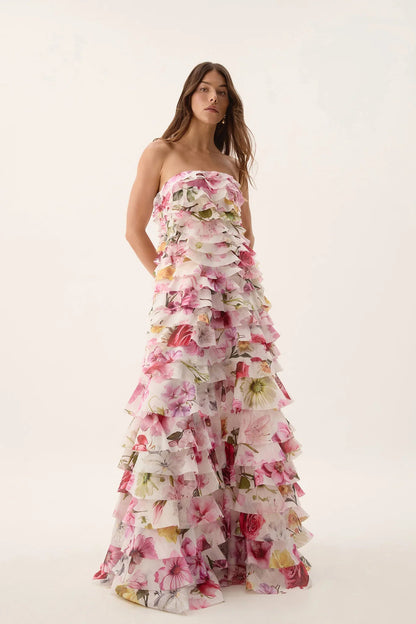 Cathy Floral Print Pleated Layer Strapless Maxi Dress in Pink