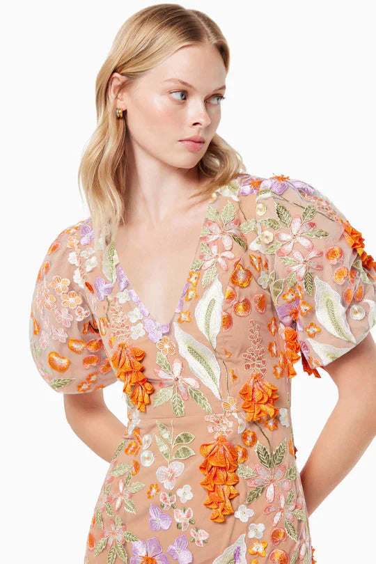 Mesh Embroidered 3D Flower V-neck Puff Sleeves Midi Dress in Orange Avalabel