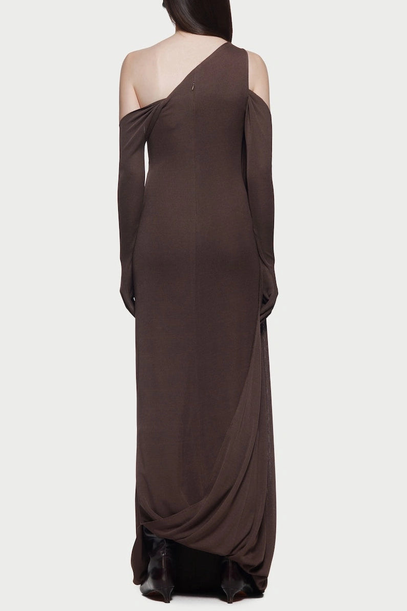 xaviera one-shoulder pleated backless maxi dress in brown Avalabel