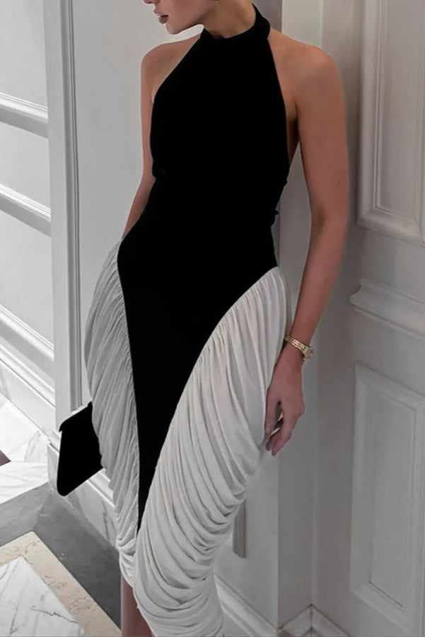 Colorblock Patchwork Sleeveless Pleated Midi Dress Avalabel