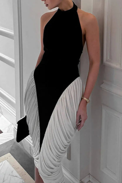 Colorblock Patchwork Sleeveless Pleated Midi Dress