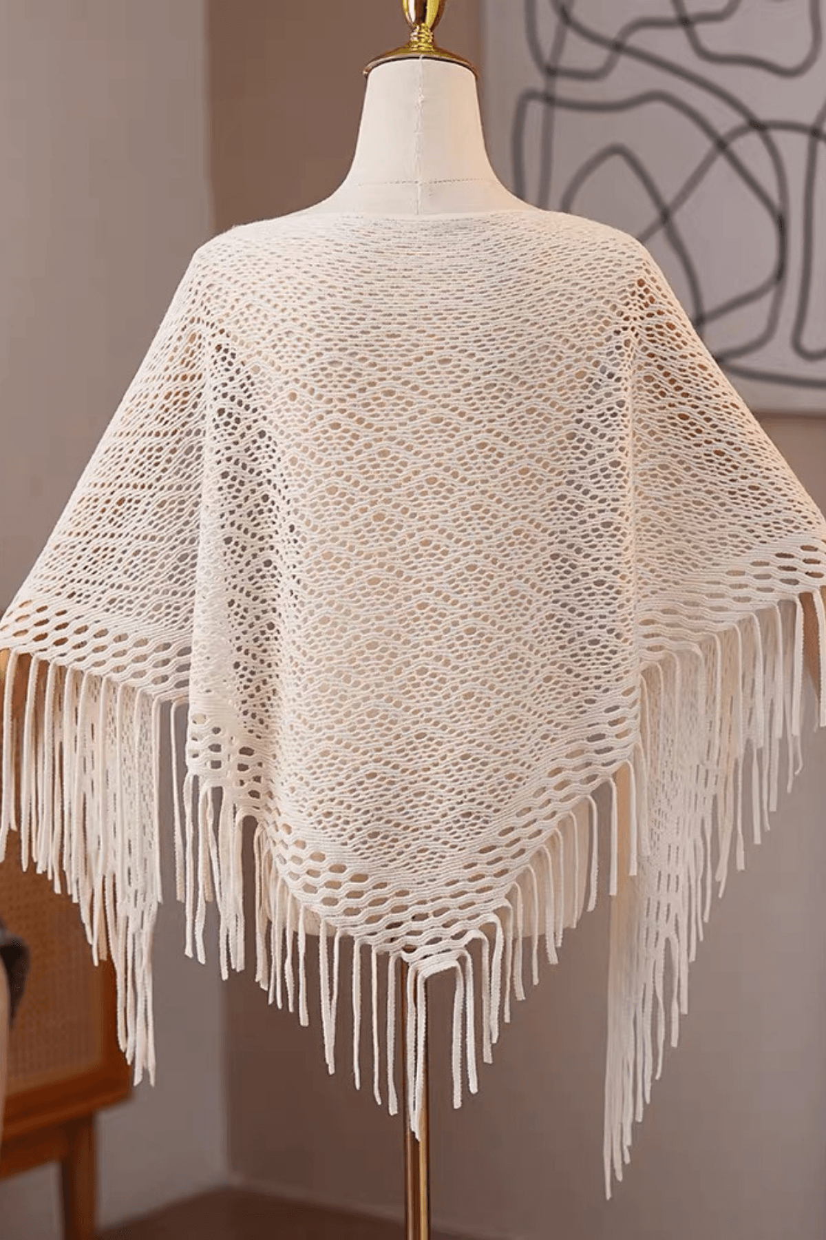 Cream Hollow Knitted Long Tassel Shawl Avalabel